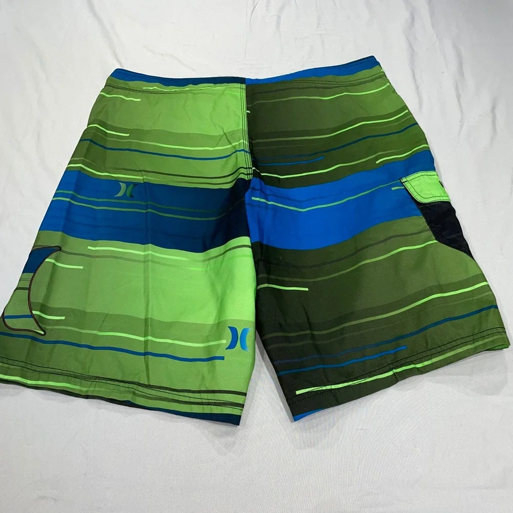 Hurley Mens Board Shorts Size 38 Green Blue Striped Swim Trunks